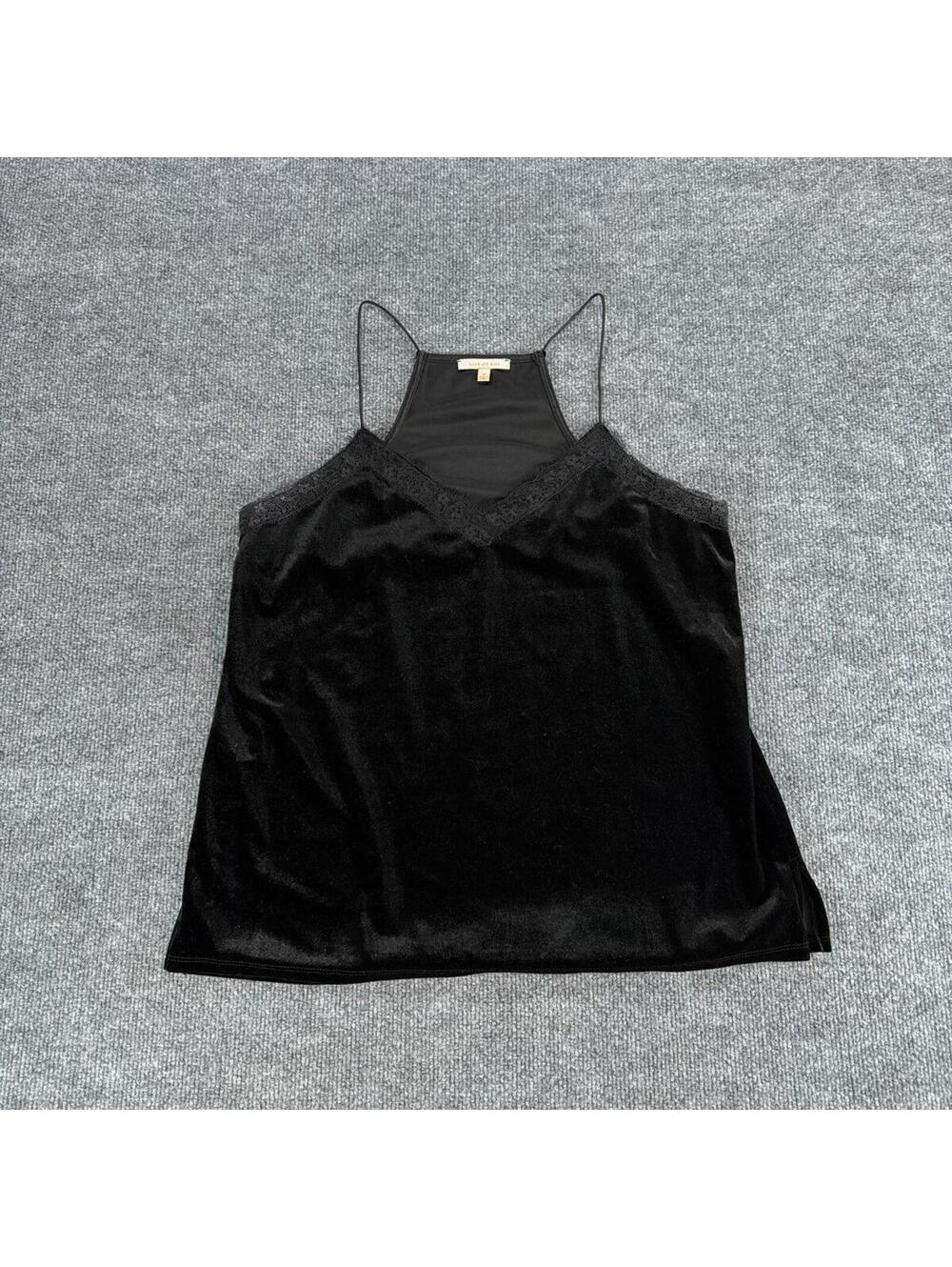 Skies Are Blue Black Velvet Lace Trim Camisole Top Medium Velour Cami, Summer